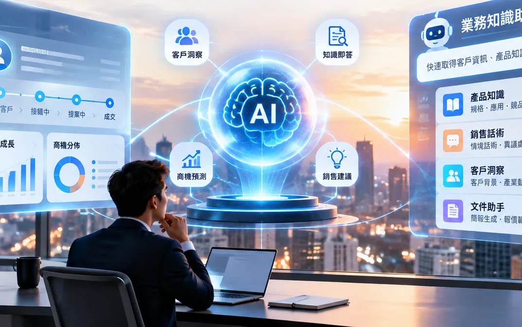 AI 業務智慧中樞示意圖:AI 核心串起客戶洞察、知識即答、商機預測與銷售建議,左側為 AI CRM 介面、右側為業務知識助理(示意畫面)