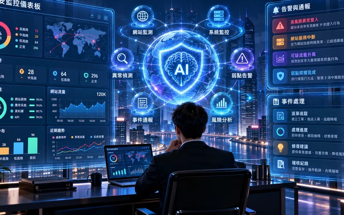 AI 網站暨系統資安監控通報平台示意圖:AI 核心連結網站監測、系統監控、異常偵測與事件通報,左側為資安監控儀表板、右側為告警與事件處理(示意畫面)