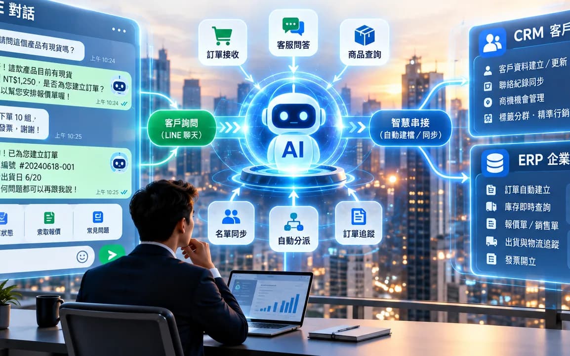 LINE AI 接單客服代理人示意圖:客戶在 LINE 詢問與下單,AI 代理人判讀後串接 CRM 與 ERP 自動建檔(示意畫面)